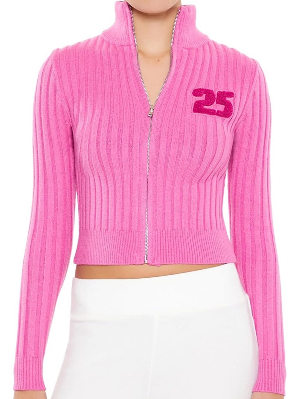 Hot Pink Ribbed Zip-Front Cropped Sweater with '25'
